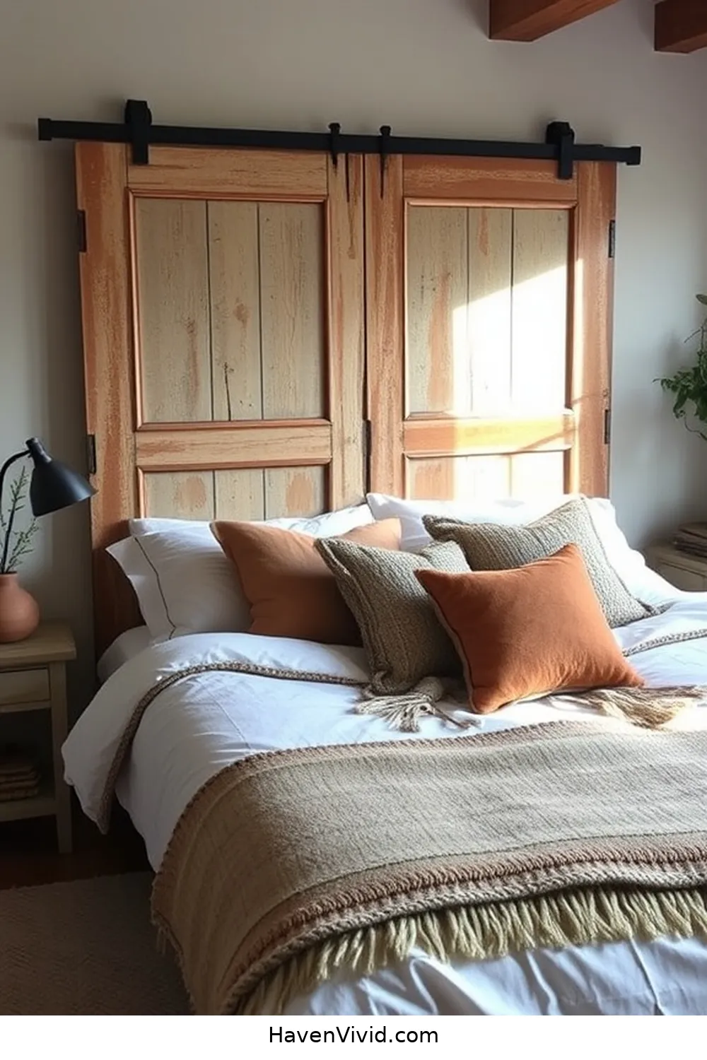 18 Ways to Create a Farmhouse Bedroom Using Reclaimed Materials 3 Use Vintage Doors as Headboards for 18 Ways to Create a Farmhouse Bedroom Using Reclaimed Materials