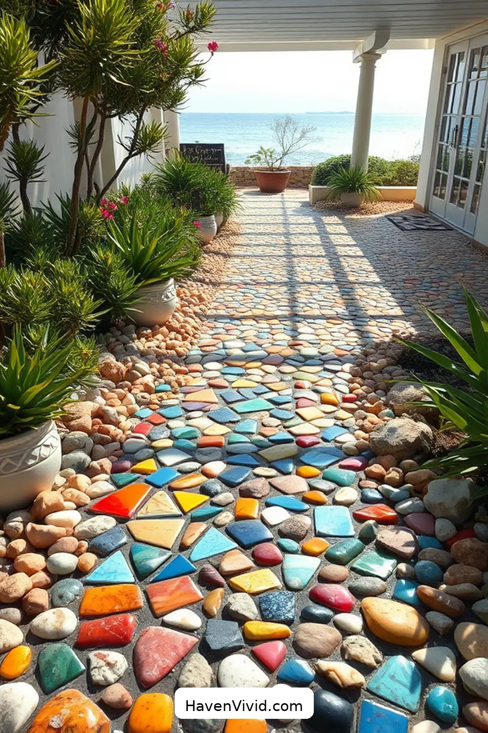 18 Ways to Embrace Coastal Living Using Reclaimed Materials on Your Outdoor Patio 19 Repurposed Tile Mosaic Pathway for 18 Ways to Embrace Coastal Living Using Reclaimed Materials on Your Outdoor Patio