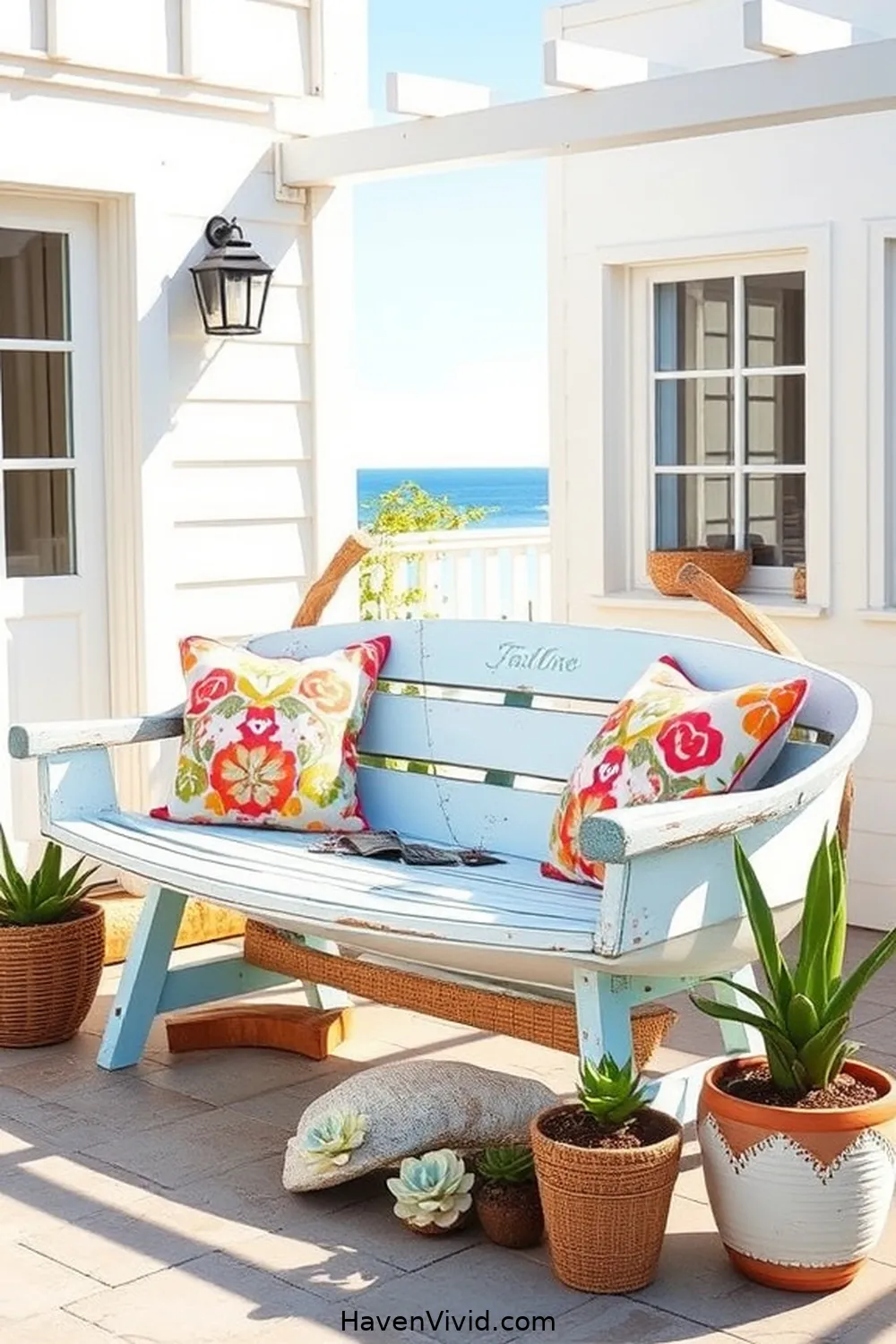 18 Ways to Embrace Coastal Living Using Reclaimed Materials on Your Outdoor Patio 5 Vintage Boat Bench for 18 Ways to Embrace Coastal Living Using Reclaimed Materials on Your Outdoor Patio