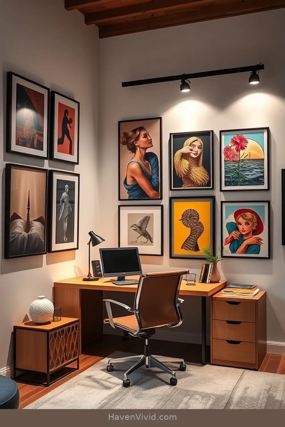 19 Artistic Home Office Spaces Using Solar-Powered Lights 18 Artistic Gallery Wall With Solar Picture Lights for 19 Artistic Home Office Spaces Using Solar-Powered Lights