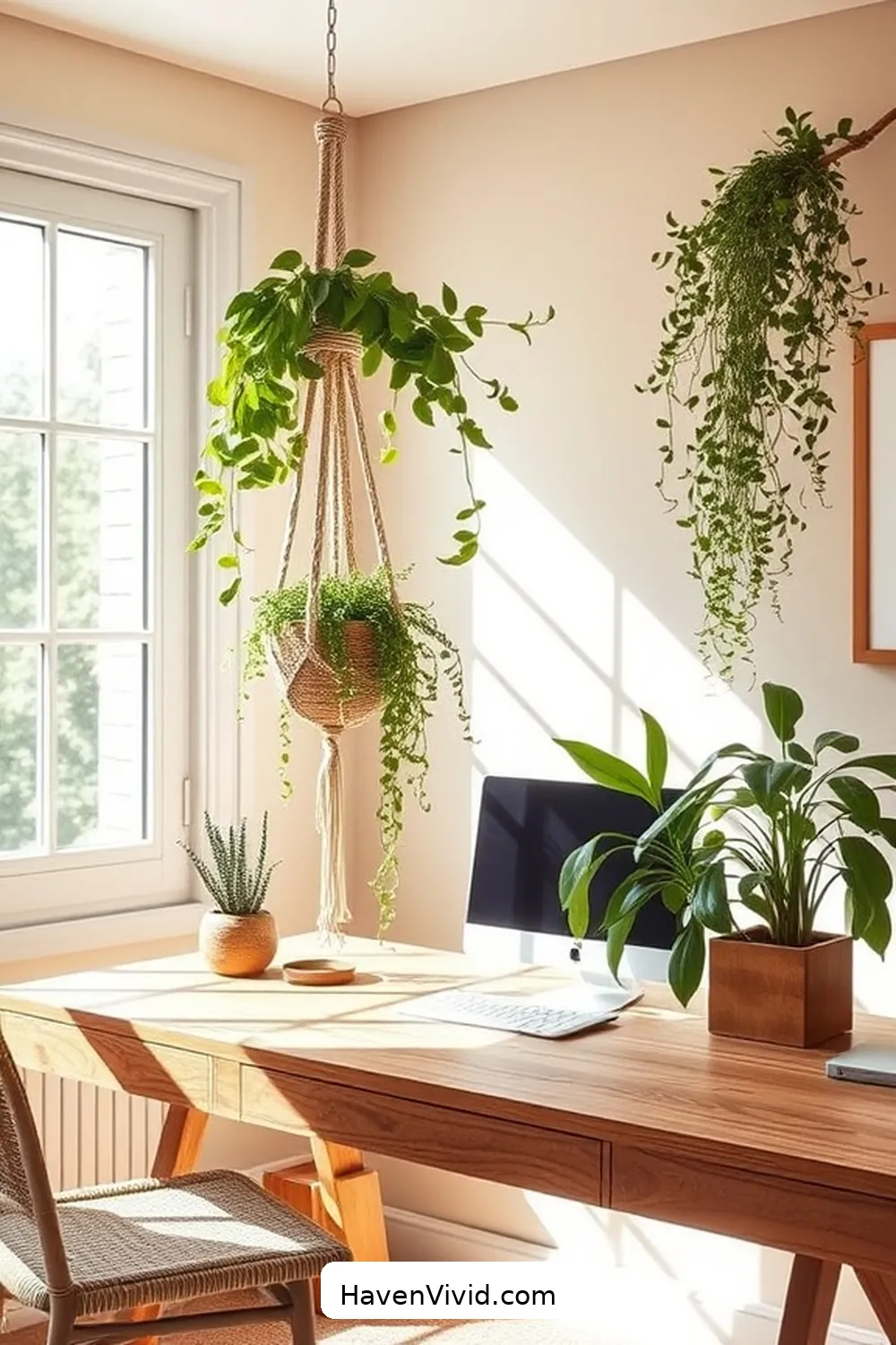 19 Artistic Ideas for Home Office Spaces Using Natural Fibers 11 Introduce a Macrame Plant Hanger for a Touch of Nature for 19 Artistic Ideas for Home Office Spaces Using Natural Fibers