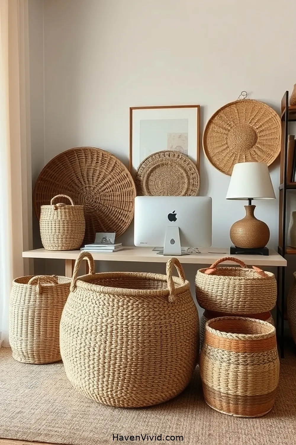 19 Artistic Ideas for Home Office Spaces Using Natural Fibers 6 Use Woven Baskets for Stylish Storage Solutions for 19 Artistic Ideas for Home Office Spaces Using Natural Fibers