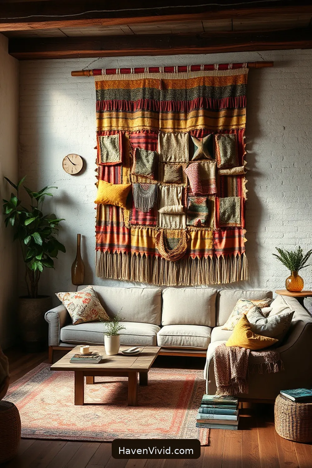 Craft a Fabric Wall Hanging for 19 Creative Ways to Achieve Farmhouse Living Room Style Using Upcycled Fabric