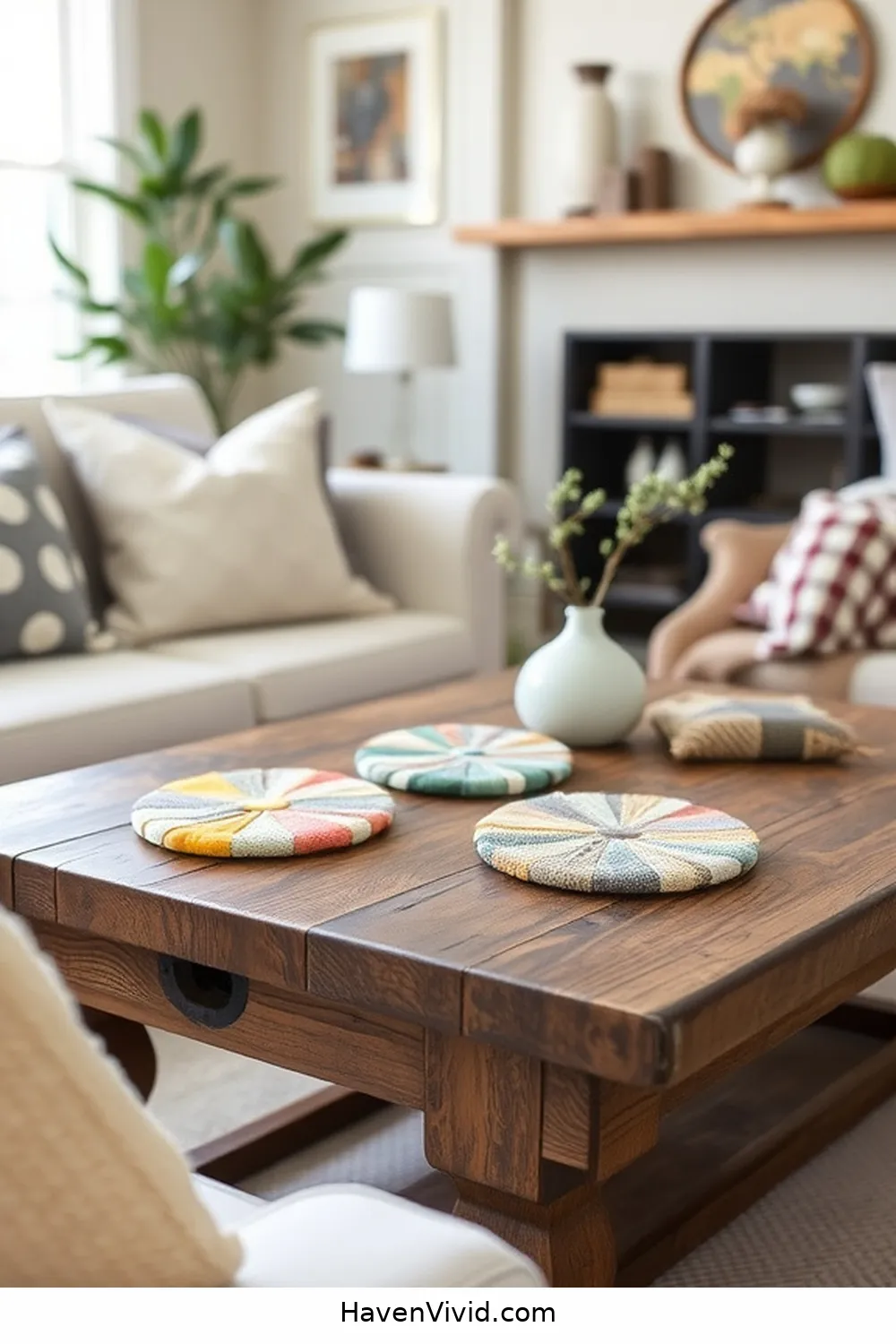 Sew Fabric Coasters for Your Coffee Table for 19 Creative Ways to Achieve Farmhouse Living Room Style Using Upcycled Fabric