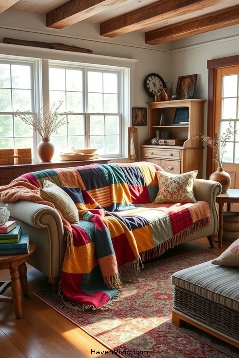 Sew a Patchwork Blanket for 19 Creative Ways to Achieve Farmhouse Living Room Style Using Upcycled Fabric