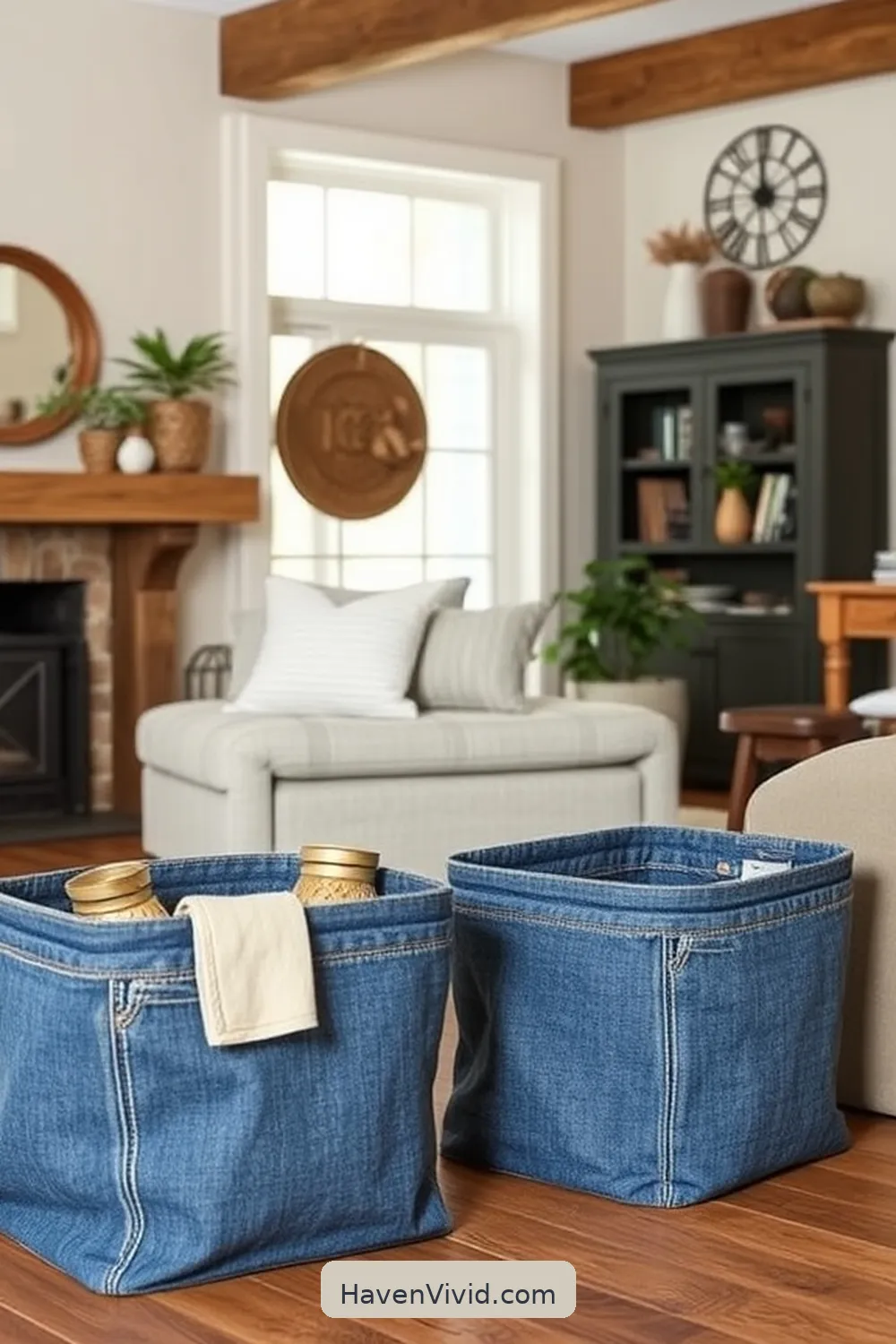 Upcycle Old Jeans Into Storage Bins for 19 Creative Ways to Achieve Farmhouse Living Room Style Using Upcycled Fabric