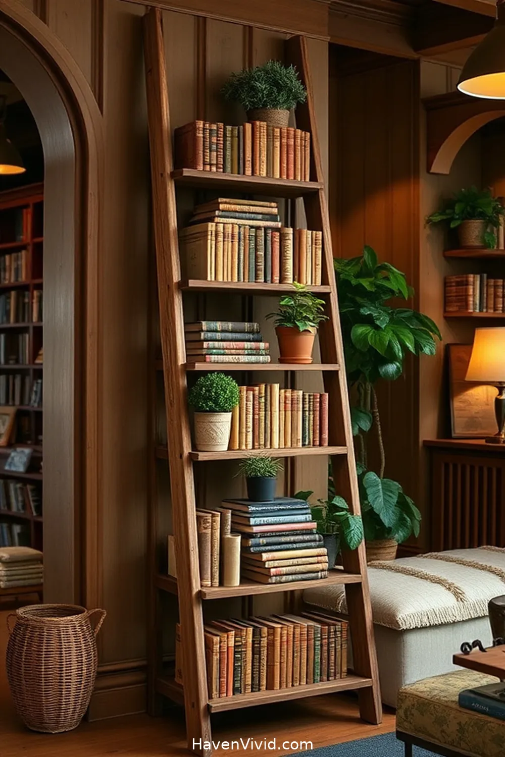 19 Inspiring Ways for Farmhouse Living in Your Library Using Reclaimed Materials 14 Antique Ladder Book Rack for 19 Inspiring Ways for Farmhouse Living in Your Library Using Reclaimed Materials