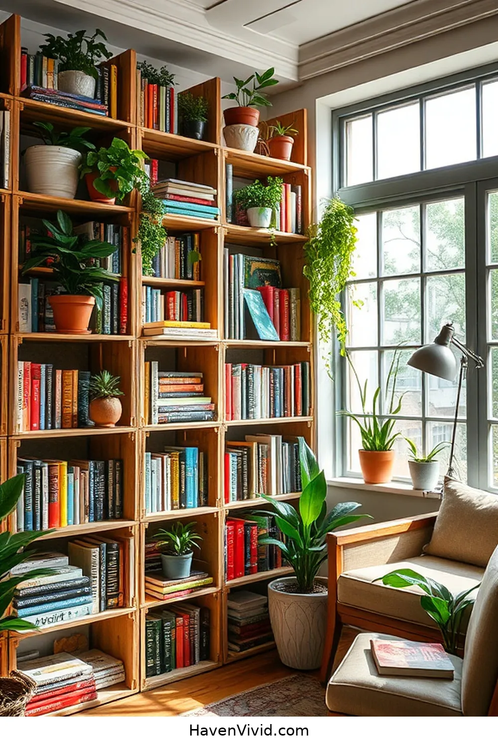19 Inspiring Ways for Farmhouse Living in Your Library Using Reclaimed Materials 4 Upcycled Crate Bookcases for 19 Inspiring Ways for Farmhouse Living in Your Library Using Reclaimed Materials