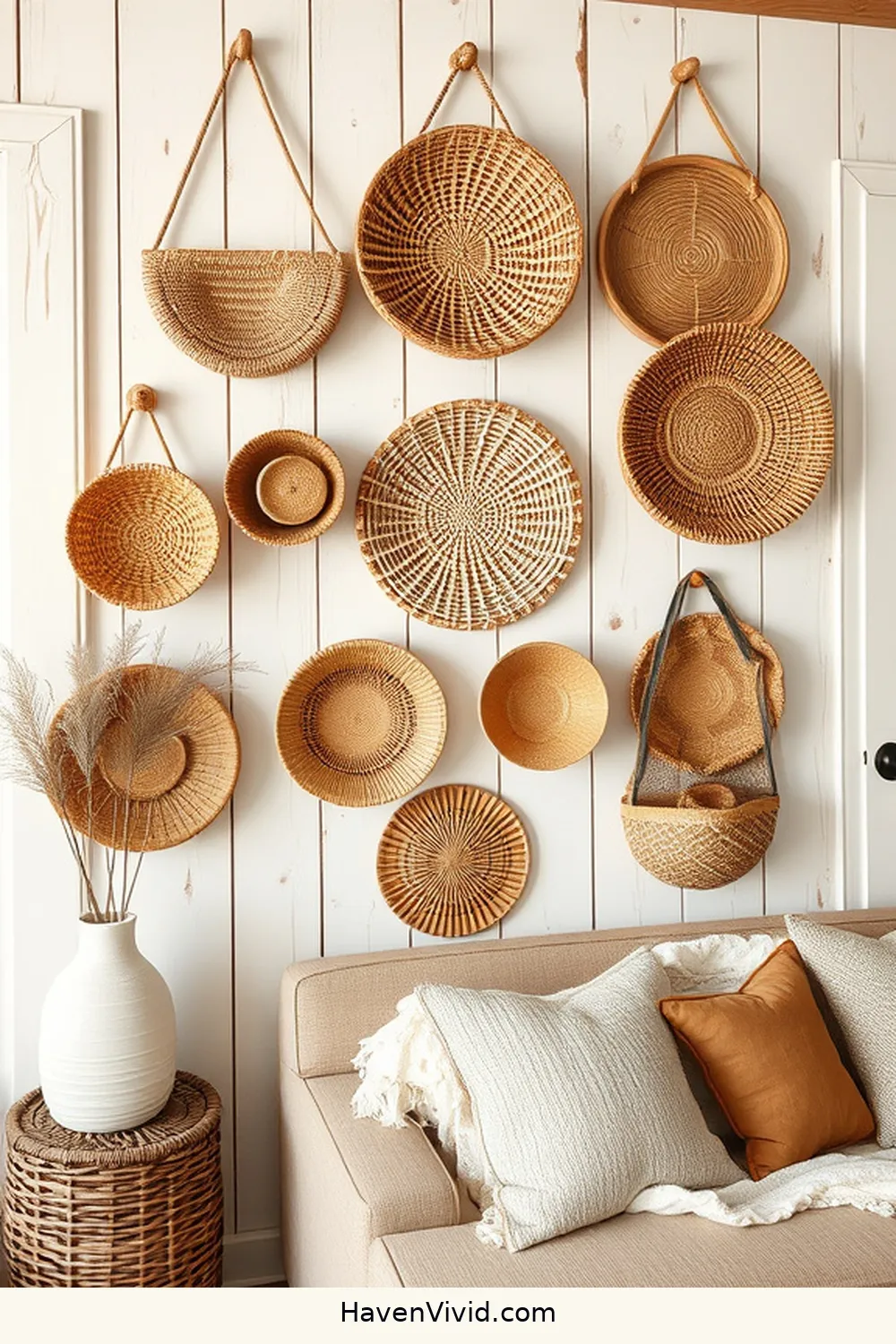 19 Ways of Using Natural Fibers in Your Farmhouse Living Room 17 Hang Woven Wall Baskets for 19 Ways of Using Natural Fibers in Your Farmhouse Living Room