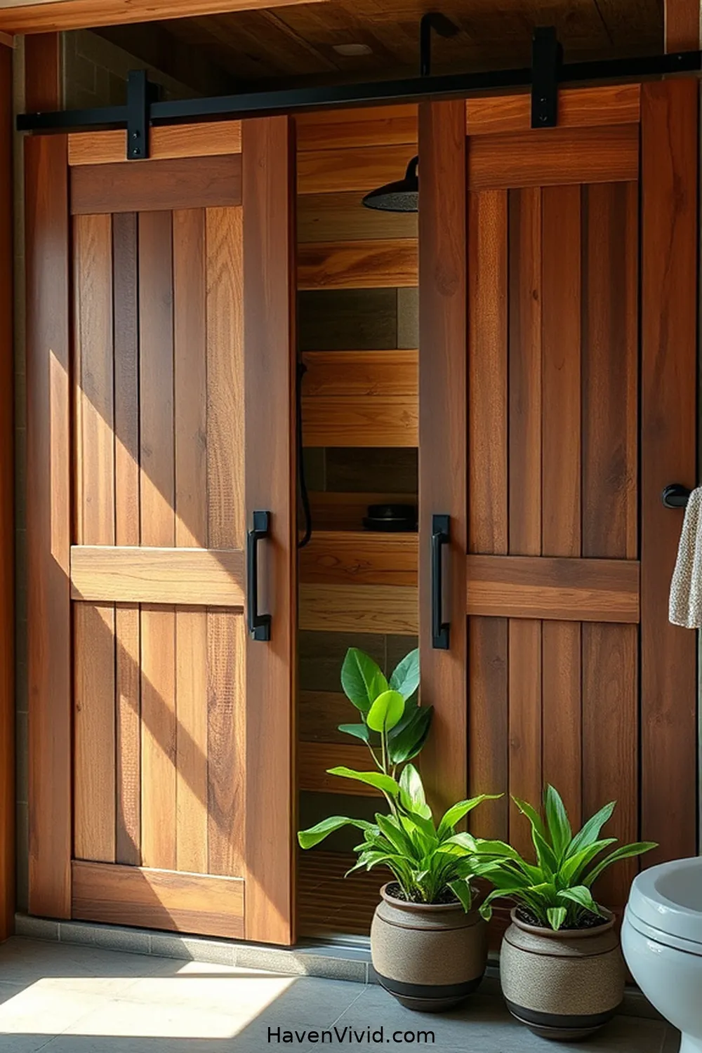 19 Ways to Create an Eco-Friendly Bathroom Using Reclaimed Materials 4 Salvaged Barn Door Shower Enclosure for 19 Ways to Create an Eco-Friendly Bathroom Using Reclaimed Materials