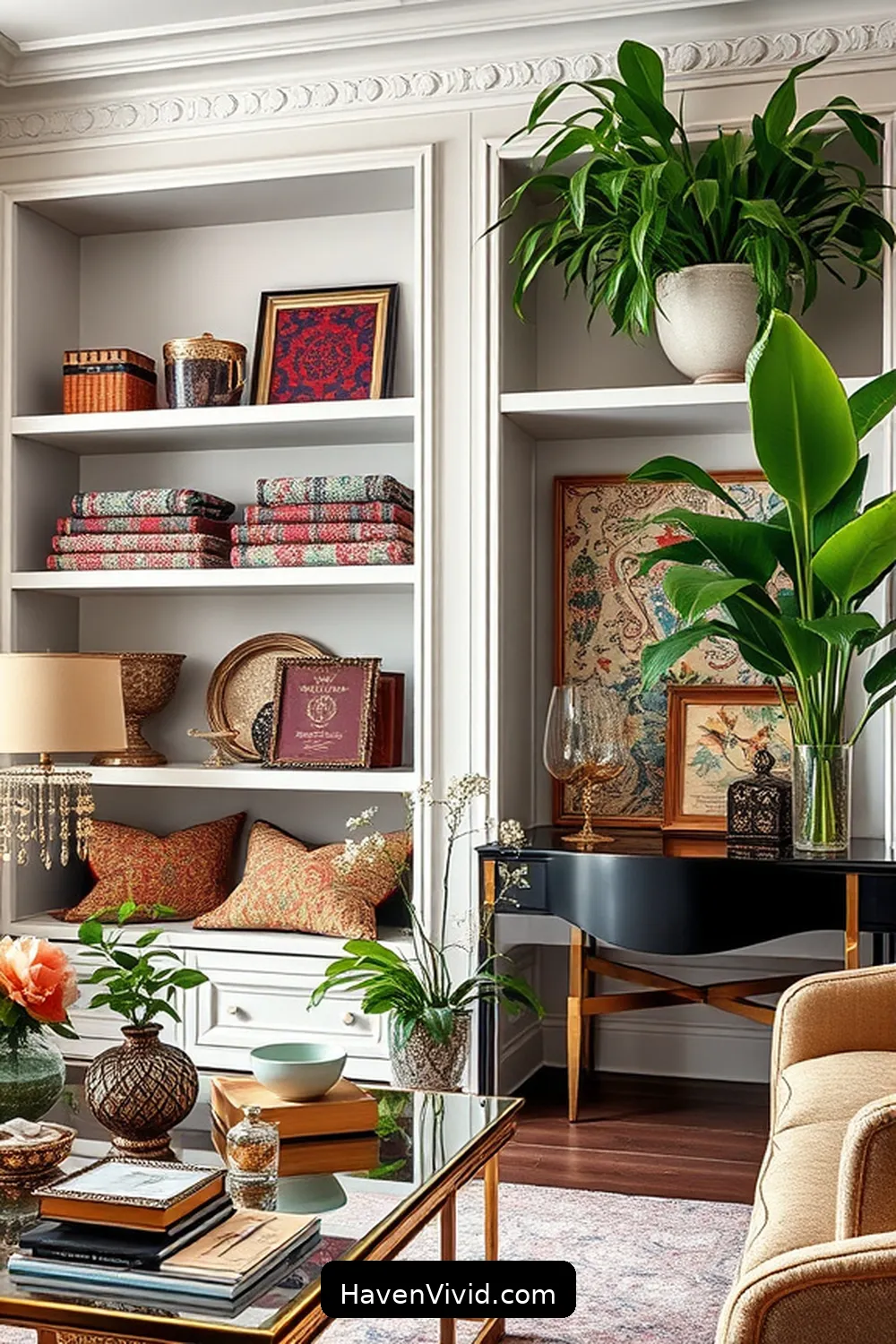 20 Chic Ways to Create a Glamorous Living Room Using Upcycled Fabric 19 Fabric-Covered Shelves for 20 Chic Ways to Create a Glamorous Living Room Using Upcycled Fabric