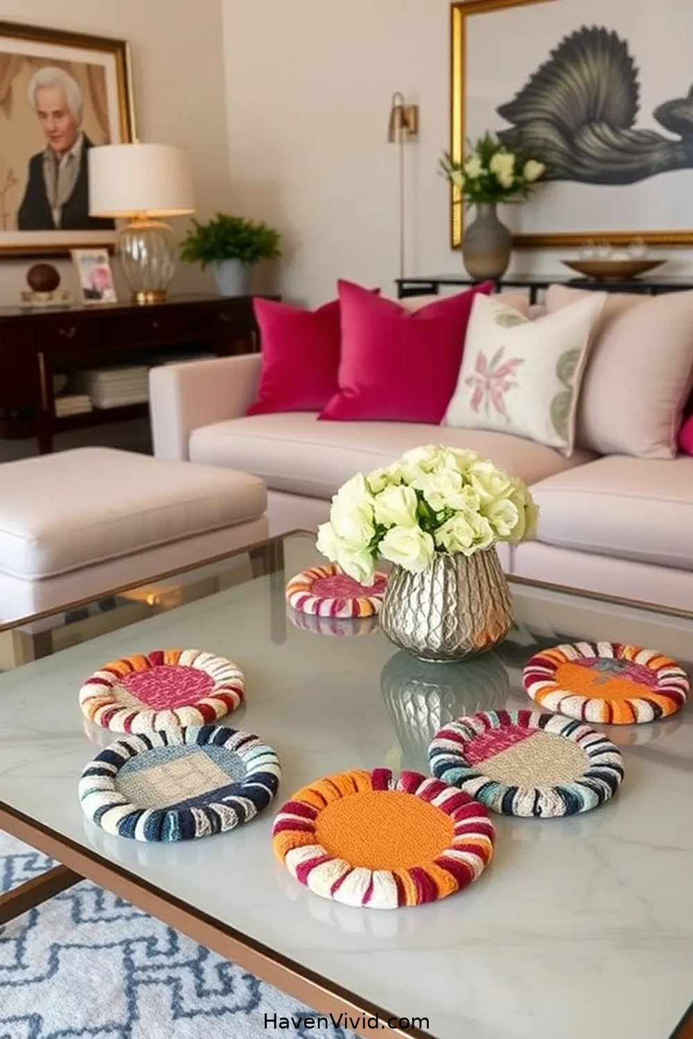 20 Chic Ways to Create a Glamorous Living Room Using Upcycled Fabric 16 Personalized Fabric Coasters for 20 Chic Ways to Create a Glamorous Living Room Using Upcycled Fabric