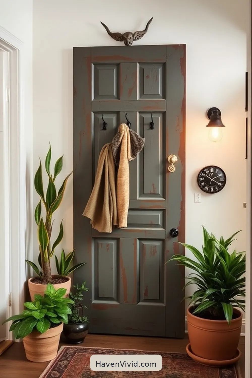 20 Creative Family-Friendly Entryway Ideas Using Reclaimed Materials 4 Salvaged Door Coat Rack for 20 Creative Family-Friendly Entryway Ideas Using Reclaimed Materials