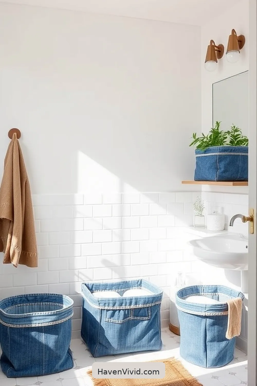 Handmade Storage Bins From Old Jeans for 20 Creative Ways for Eco-Friendly Living in Your Bathroom Using Upcycled Fabric