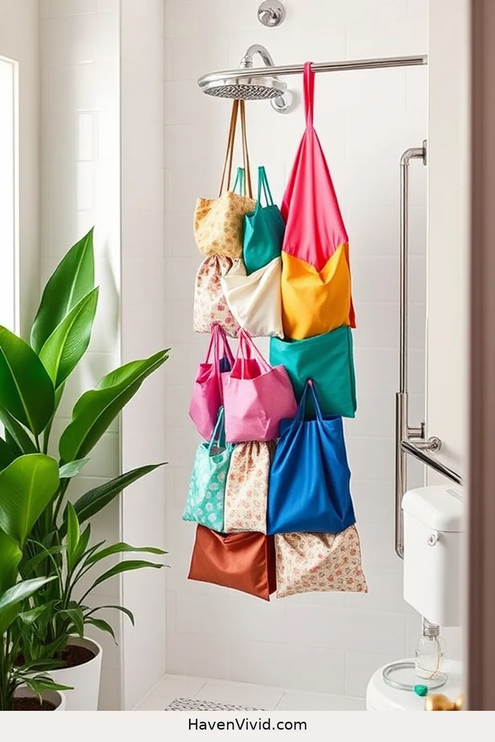 Upcycled Shower Organizer From Unused Bags for 20 Creative Ways for Eco-Friendly Living in Your Bathroom Using Upcycled Fabric