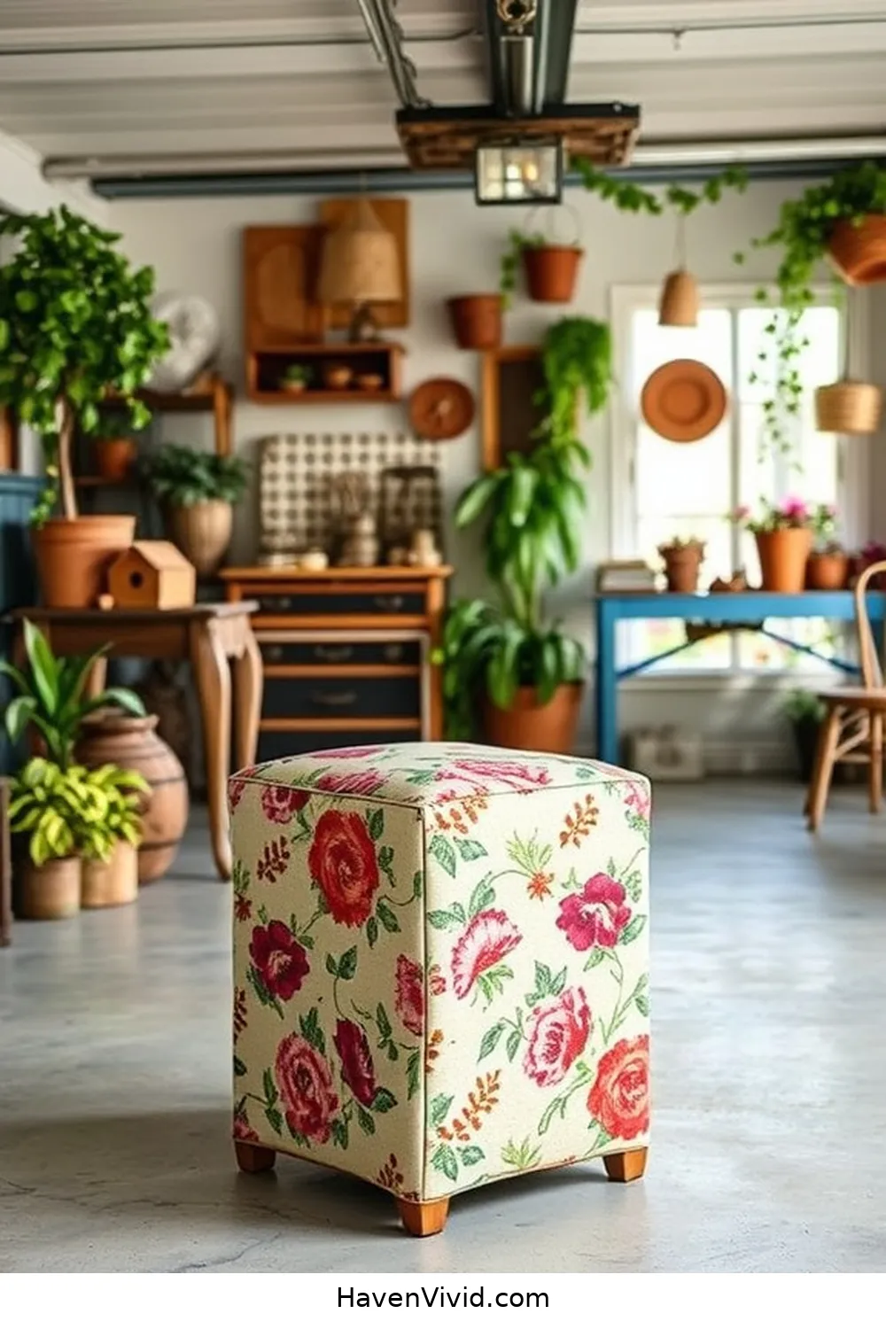 20 Creative Ways for Eco-Friendly Living in Your Garage Using Upcycled Fabric 21 Craft a Vintage Fabric-Covered Stool for Your Space for 20 Creative Ways for Eco-Friendly Living in Your Garage Using Upcycled Fabric
