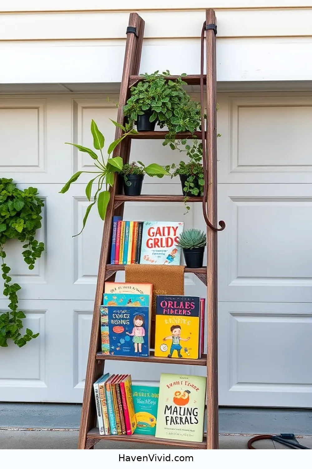 20 Creative Ways for Family-Friendly Living in Your Garage Using Reclaimed Materials 6 Old Ladder Bookshelf for 20 Creative Ways for Family-Friendly Living in Your Garage Using Reclaimed Materials
