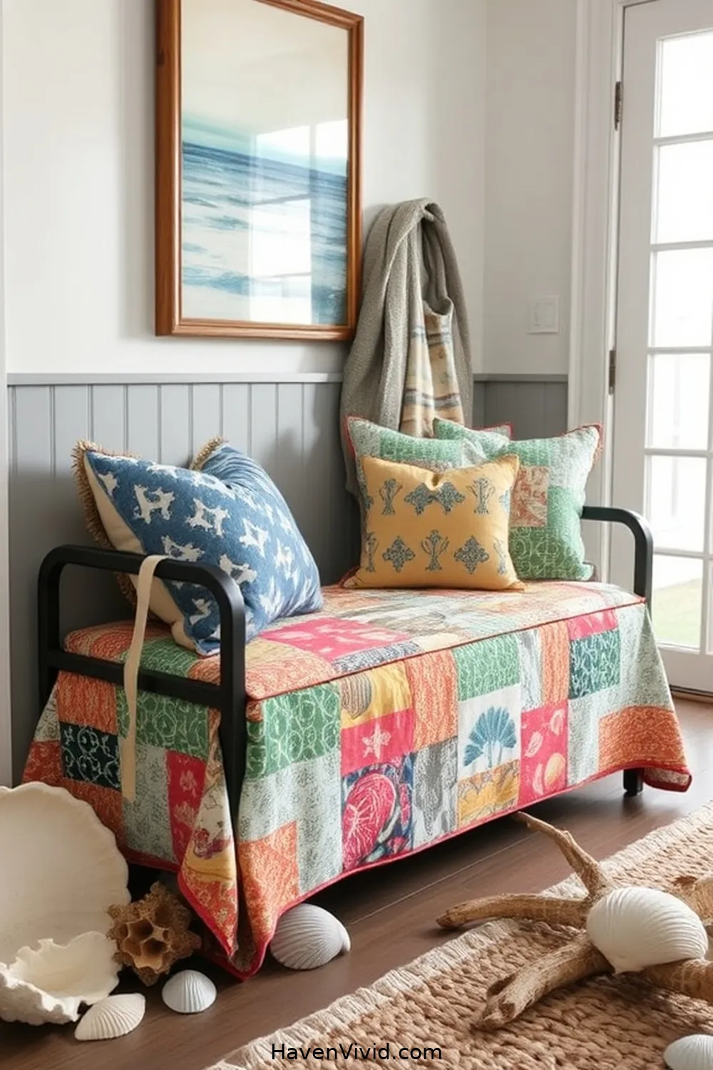 20 Creative Ways to Embrace Coastal Living in Your Entryway Using Upcycled Fabric 4 Fabric-Covered Entryway Bench for 20 Creative Ways to Embrace Coastal Living in Your Entryway Using Upcycled Fabric