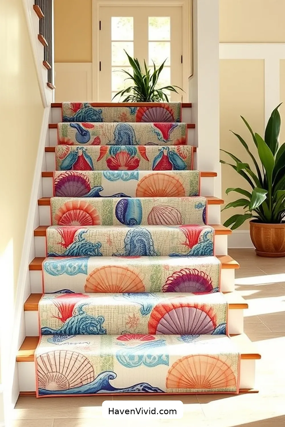 20 Creative Ways to Embrace Coastal Living in Your Entryway Using Upcycled Fabric 21 Fabric-Covered Stair Risers for 20 Creative Ways to Embrace Coastal Living in Your Entryway Using Upcycled Fabric