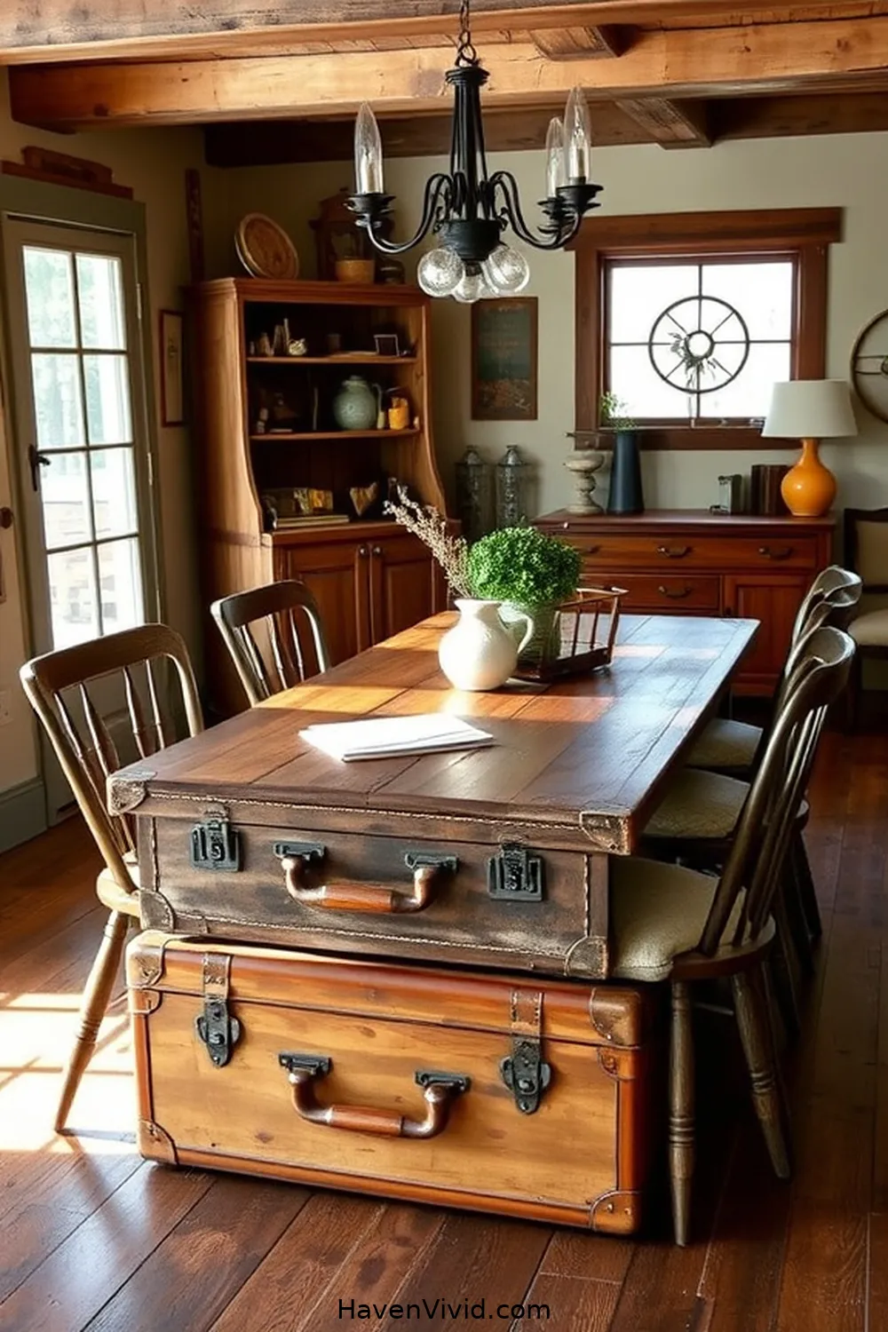 20 Ways for Farmhouse Living in Your Dining Room Using Recycled Wood 21 Vintage Suitcase as a Wood Table for 20 Ways for Farmhouse Living in Your Dining Room Using Recycled Wood