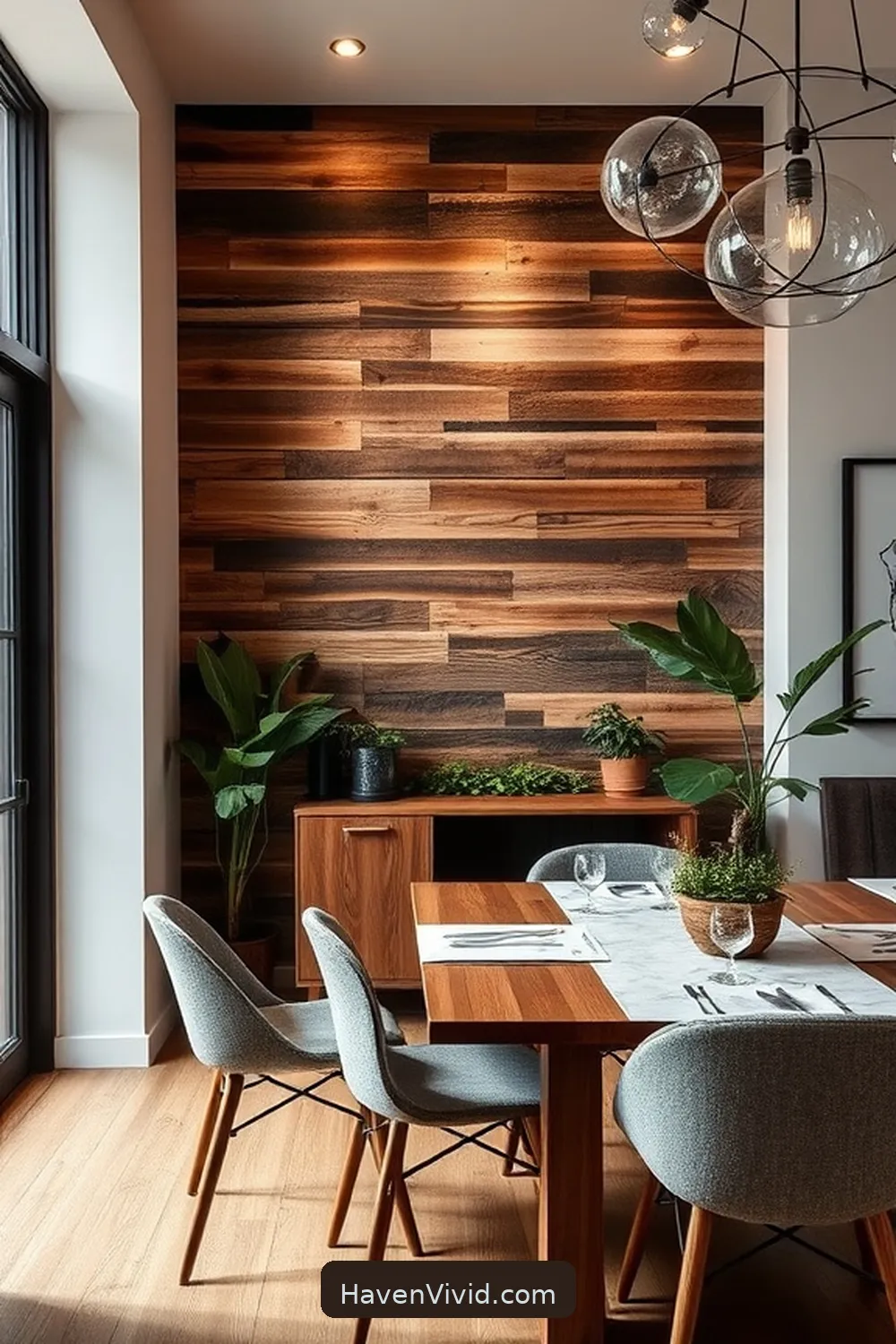 20 Ways to Create a Family-Friendly Dining Room Using Recycled Wood 4 Create a Feature Wall With Reclaimed Wood Planks for 20 Ways to Create a Family-Friendly Dining Room Using Recycled Wood