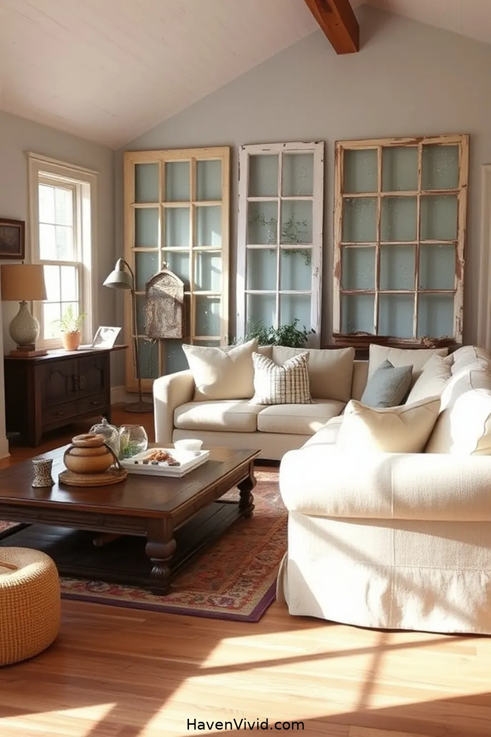 20 Ways to Create a Farmhouse Living Room Using Reclaimed Materials 11 Salvaged Windows as Decorative Wall Art for 20 Ways to Create a Farmhouse Living Room Using Reclaimed Materials