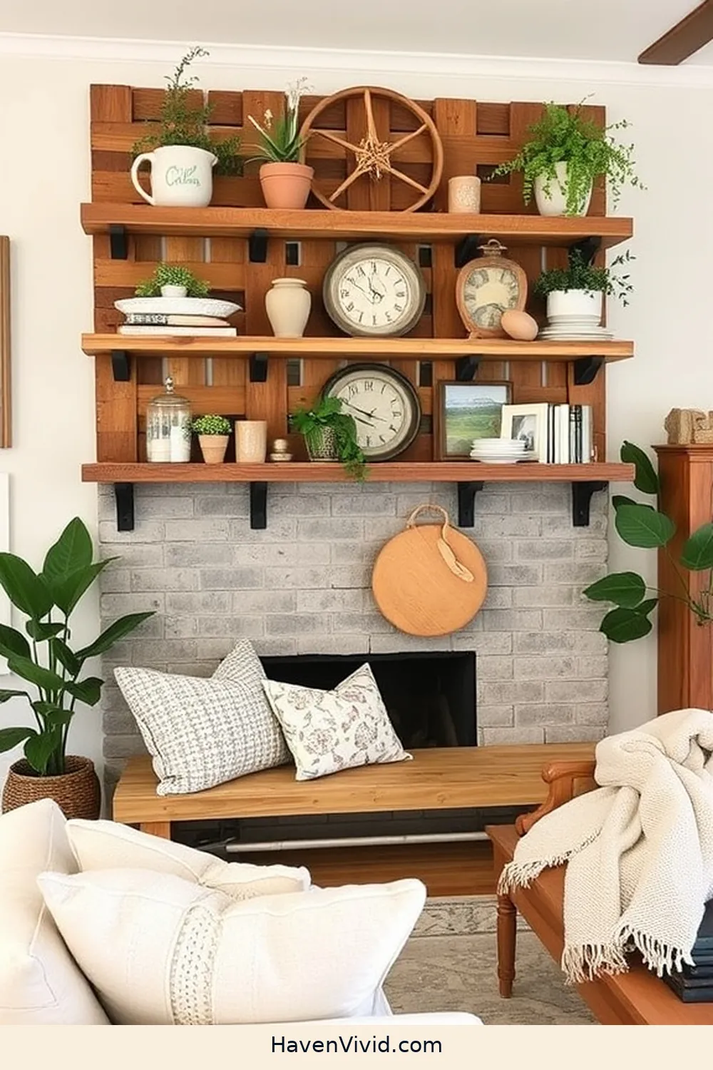 20 Ways to Create a Farmhouse Living Room Using Reclaimed Materials 6 Upcycled Pallet Shelves for Storage and Display for 20 Ways to Create a Farmhouse Living Room Using Reclaimed Materials