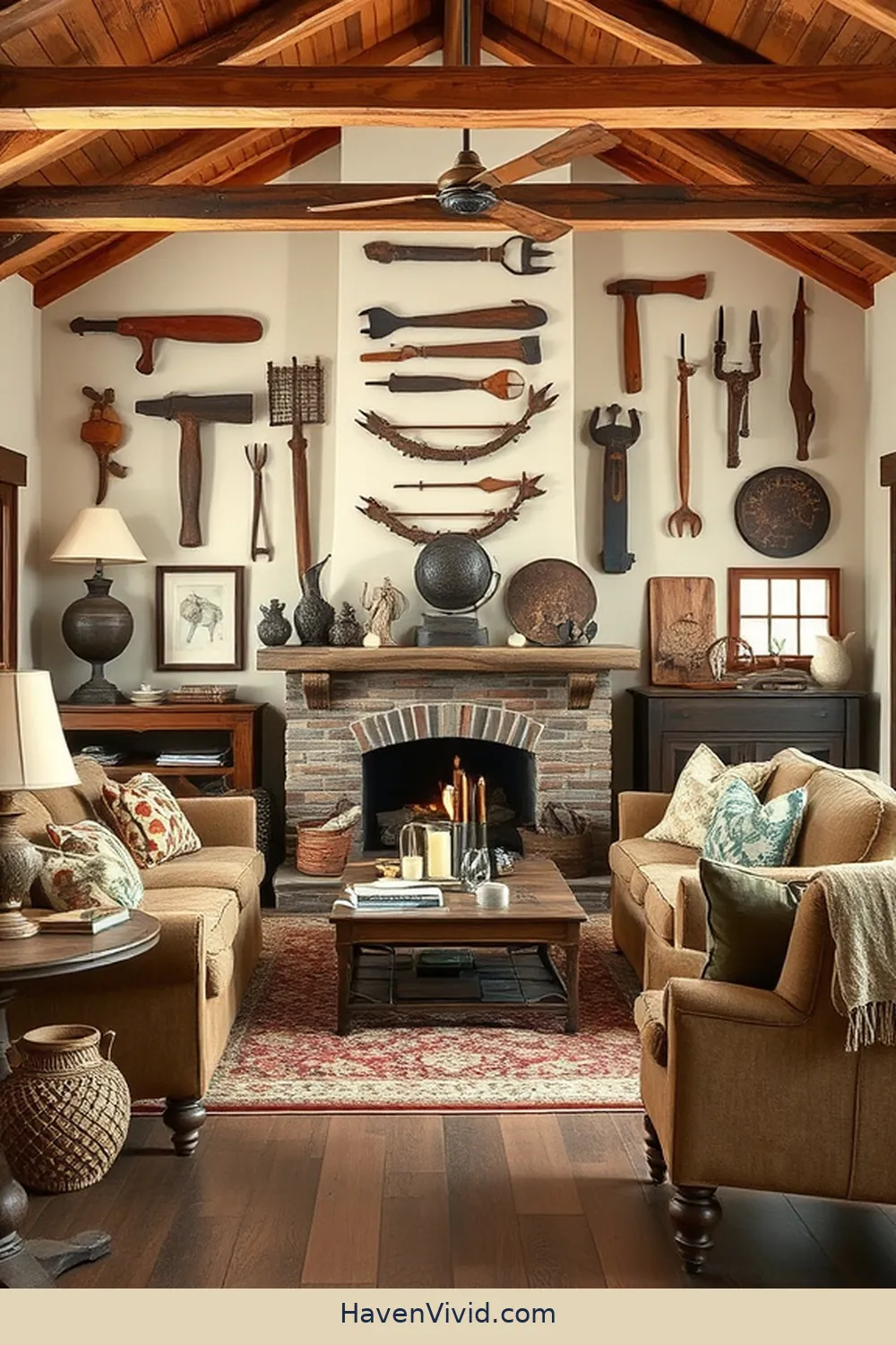 20 Ways to Create a Farmhouse Living Room Using Reclaimed Materials 20 Vintage Farm Tools as Wall Decor for 20 Ways to Create a Farmhouse Living Room Using Reclaimed Materials