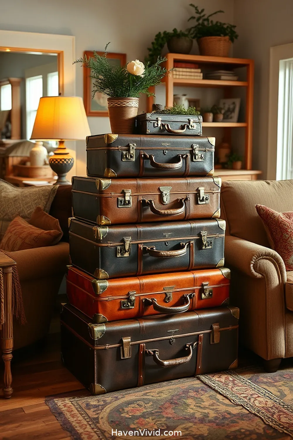 20 Ways to Create a Farmhouse Living Room Using Reclaimed Materials 15 Vintage Suitcases for Unique Side Tables for 20 Ways to Create a Farmhouse Living Room Using Reclaimed Materials