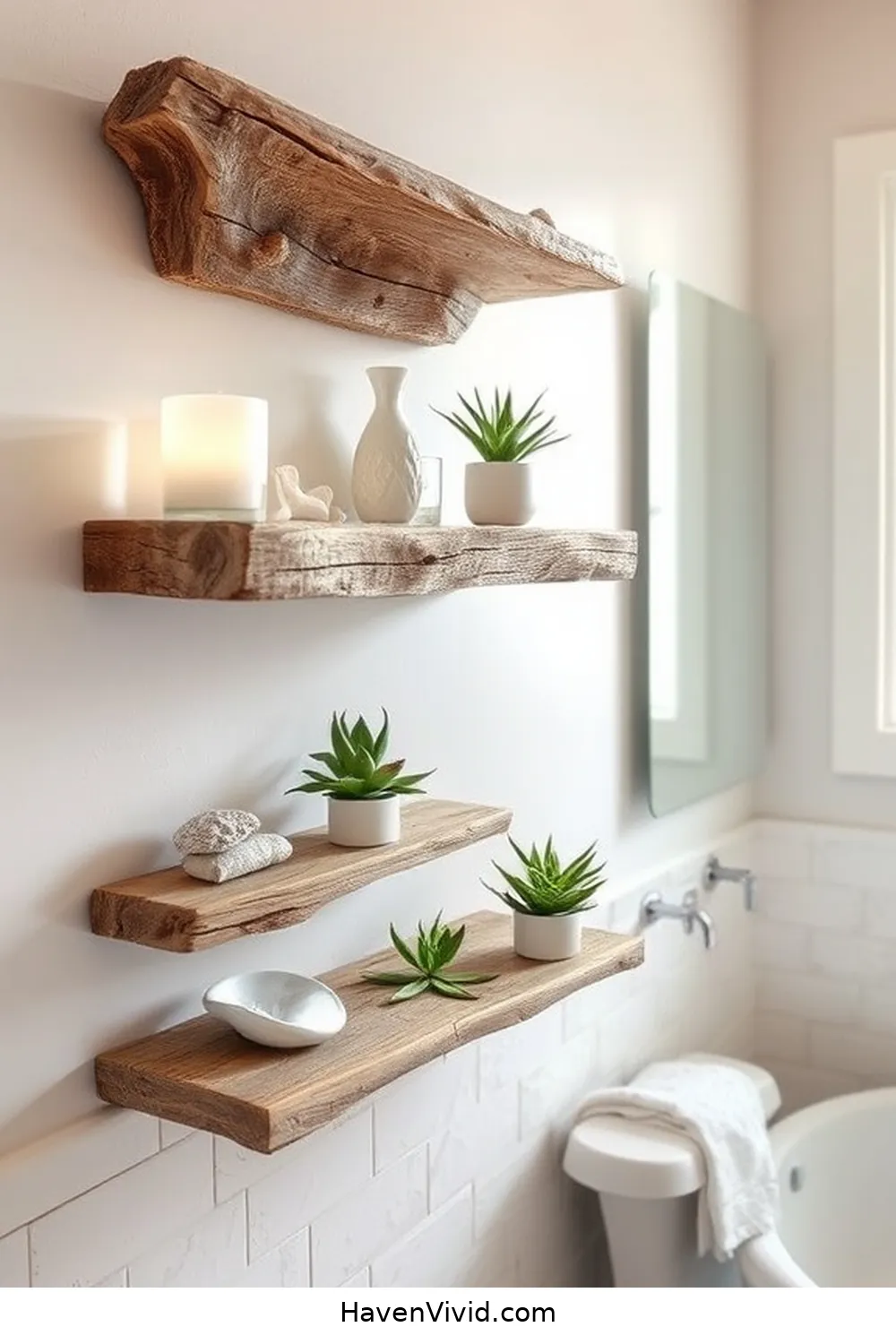 20 Ways to Embrace Coastal Living in Your Bathroom Using Recycled Wood 3 Driftwood Shelves for 20 Ways to Embrace Coastal Living in Your Bathroom Using Recycled Wood