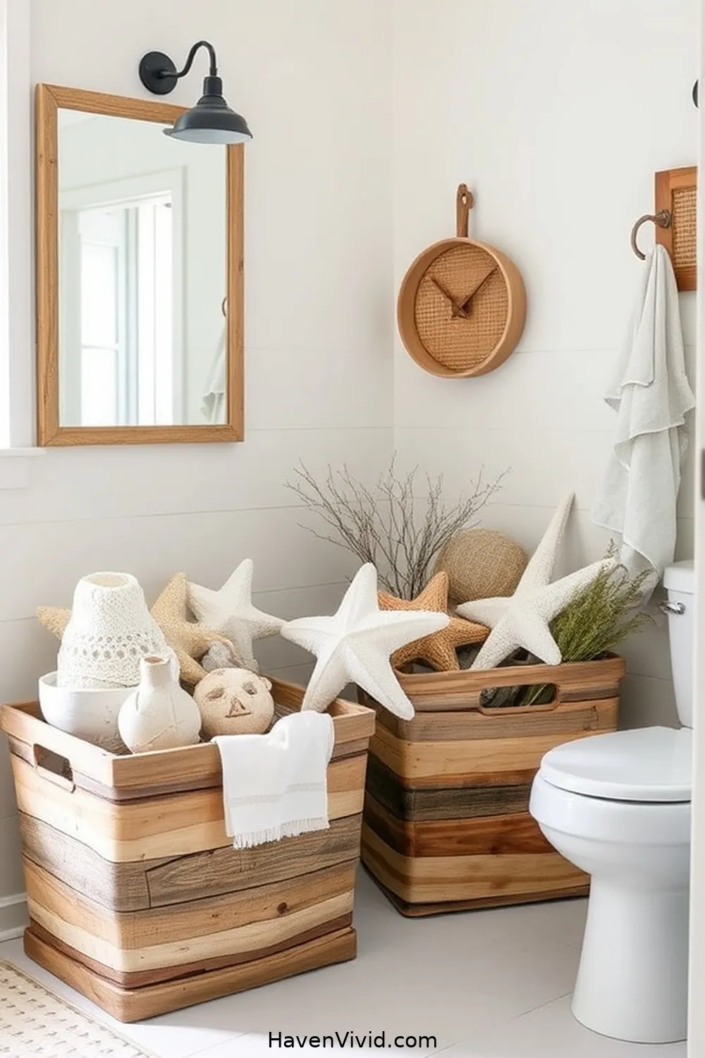 20 Ways to Embrace Coastal Living in Your Bathroom Using Recycled Wood 12 Repurposed Wood Storage Baskets for 20 Ways to Embrace Coastal Living in Your Bathroom Using Recycled Wood