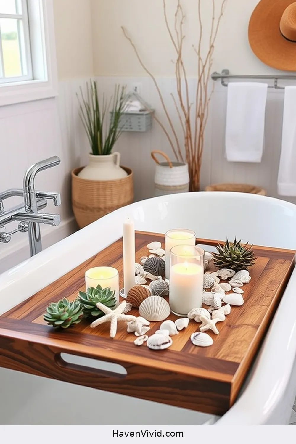 20 Ways to Embrace Coastal Living in Your Bathroom Using Recycled Wood 4 Wooden Bathtub Tray for 20 Ways to Embrace Coastal Living in Your Bathroom Using Recycled Wood