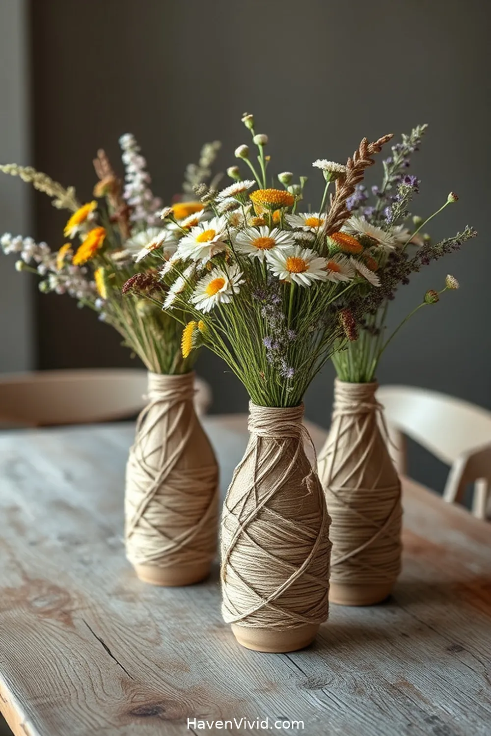 20 Ways to Use Natural Fibers in Your Farmhouse Dining Room 15 Twine-Wrapped Vases for Rustic Centerpieces for 20 Ways to Use Natural Fibers in Your Farmhouse Dining Room