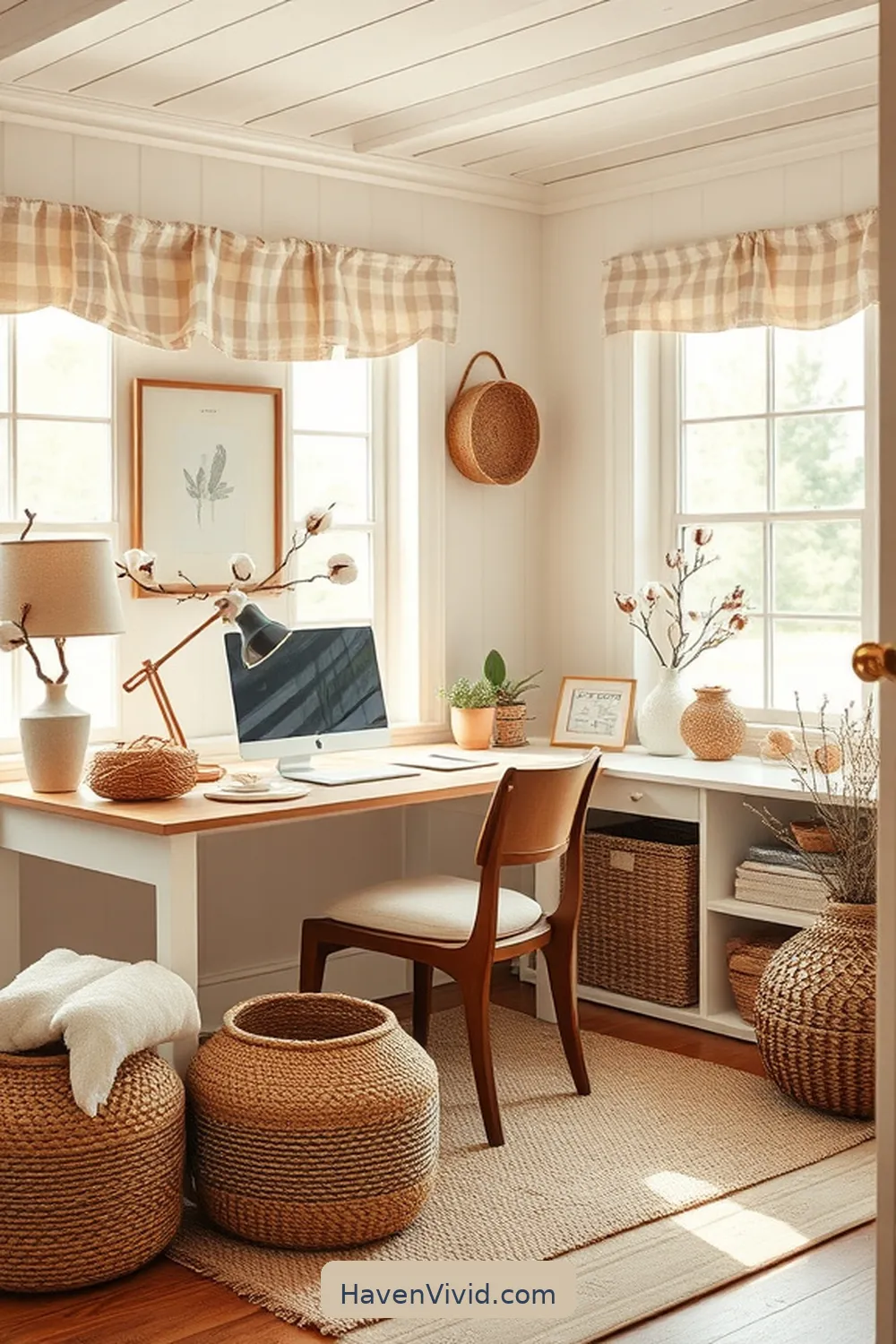 Utilizing Baskets and Storage Solutions for Create a Farmhouse Home Office Using Organic Cotton Decor