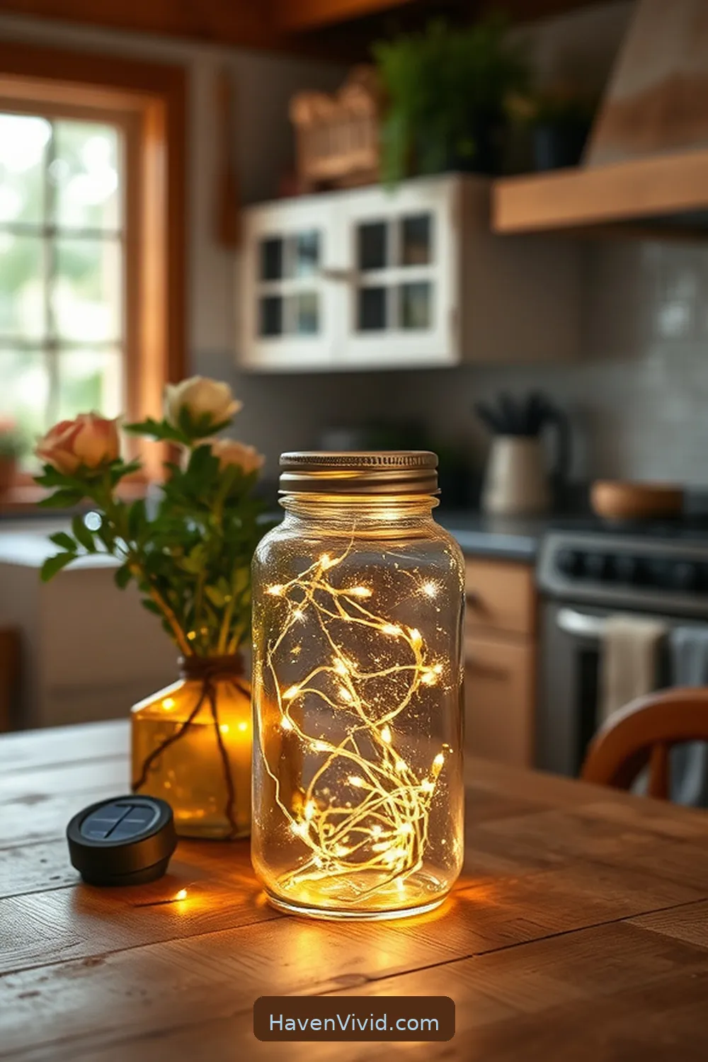 Illuminate Your Farmhouse Kitchen Using Solar-Powered Lights: 10 Ways 9 Integrate Solar Fairy Lights in Glass Jars for Illuminate Your Farmhouse Kitchen Using Solar-Powered Lights: 10 Ways